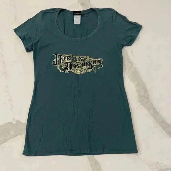 Harley Davidson Motorcycles Gold Graphic T Shirt Valencia Espana Women’s Large - Picture 1 of 5